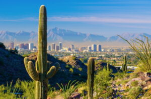 Midtown Phoenix skyline with cacti, mountains, and other desert scenery in the foreground.