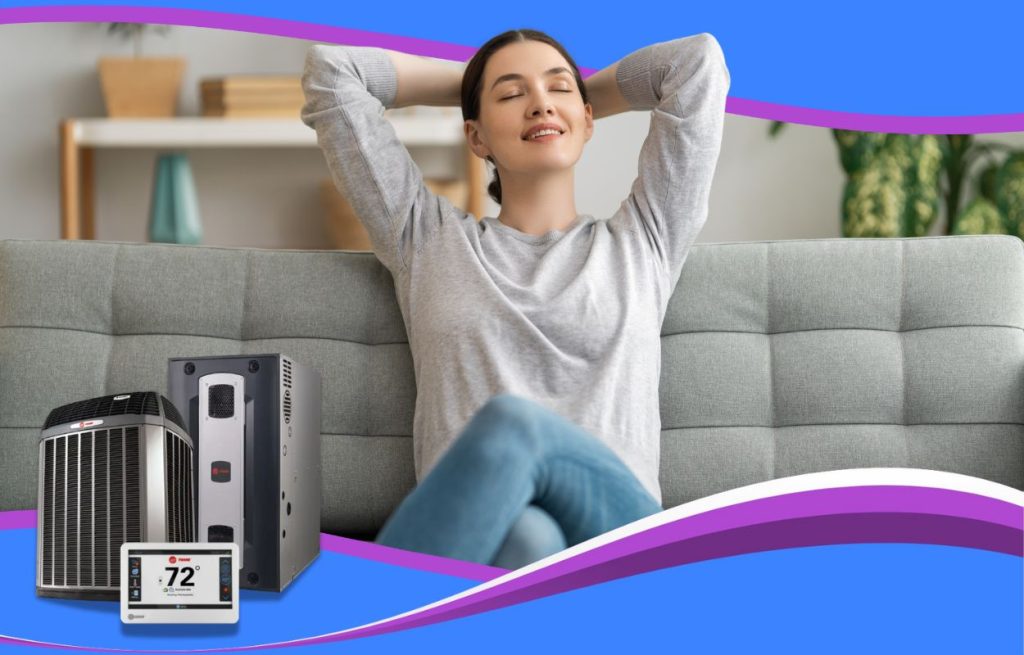 This is an image of a woman sitting on her couch taking a deep breath there's HVAC appliances in front