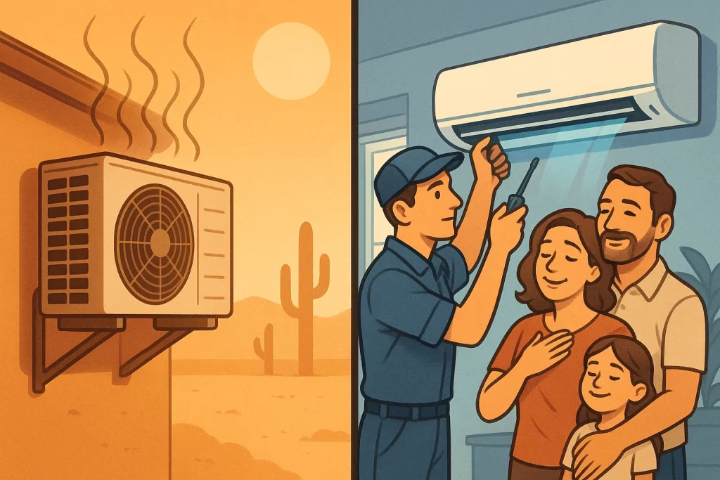 Split‑scene overheated AC vs cool home post‑repair in Arizona