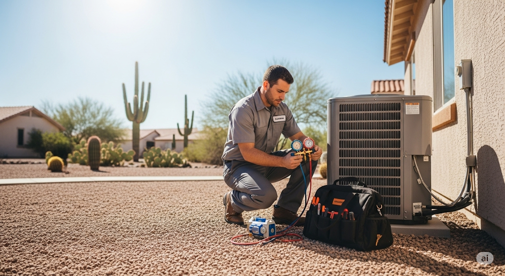 HVAC technician testing AC unit outside an Arizona home in summer heat