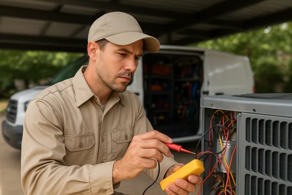 HVAC technician testing AC unit wiring during guaranteed repair service
