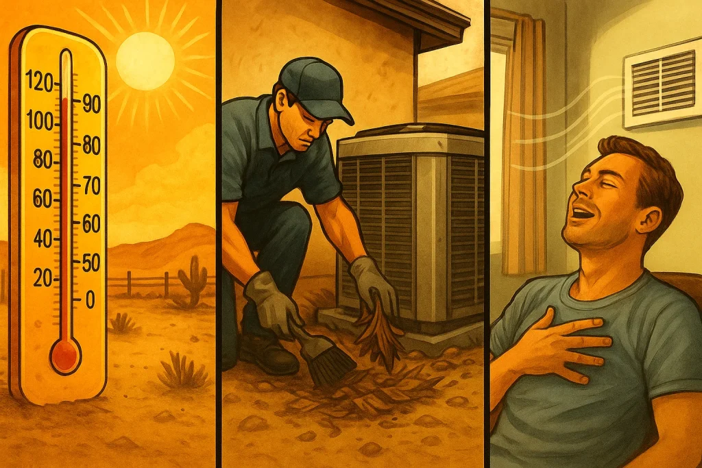 Triptych visual showing desert heat, tech servicing AC, and indoor cool relief