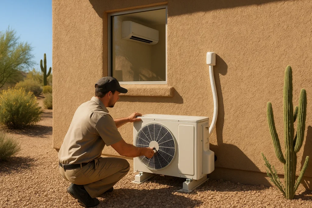 Technician installing ductless mini-split compressor on Phoenix stucco house exterior