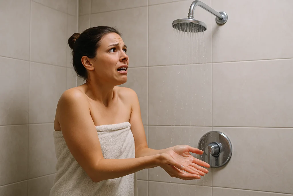 Woman testing the shower water as she gets into the shower and realizes it's freezing