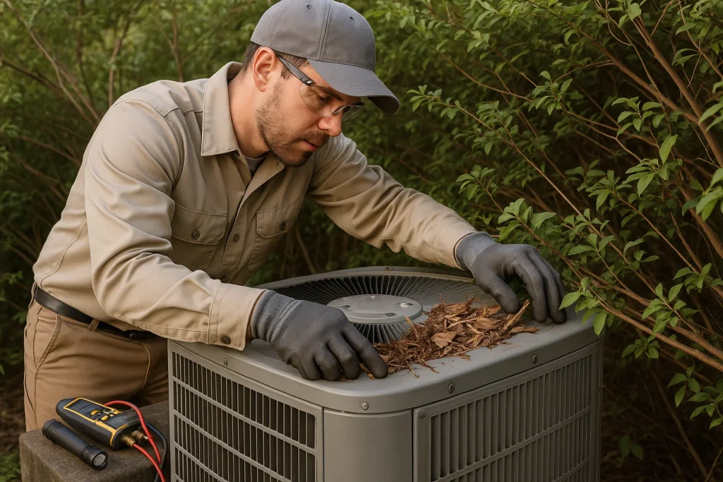 HVAC Technician cleaning an outside AC unit.