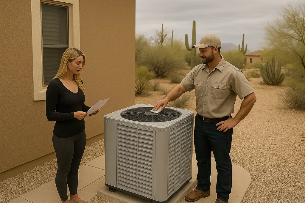 homeowner and technician installing new heat pump outdoor unit in fall