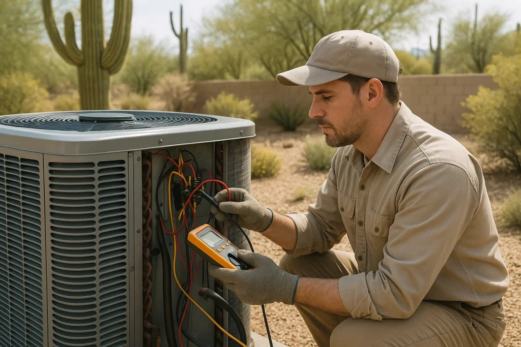 technician inspecting outdoor AC condenser unit wiring and coils
