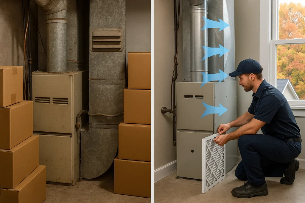 Before and after home furnace area cleanup and airflow improvement before Georgia winter.