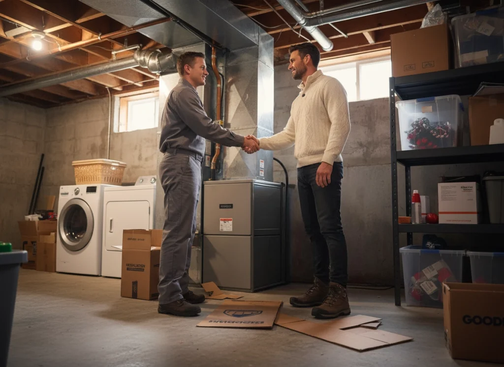 An HVAC technician and a homeowner shaking hands after a new furnace has been installed.