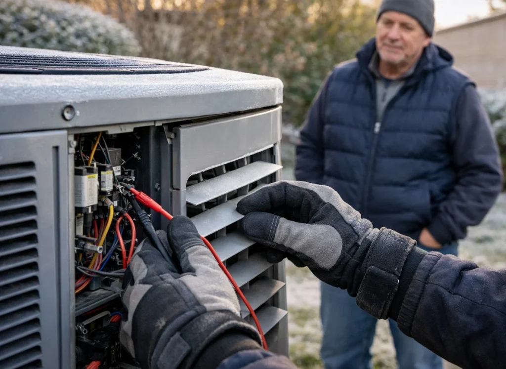 Close‑up of technician examining outdoor heat pump unit during a rare cold snap