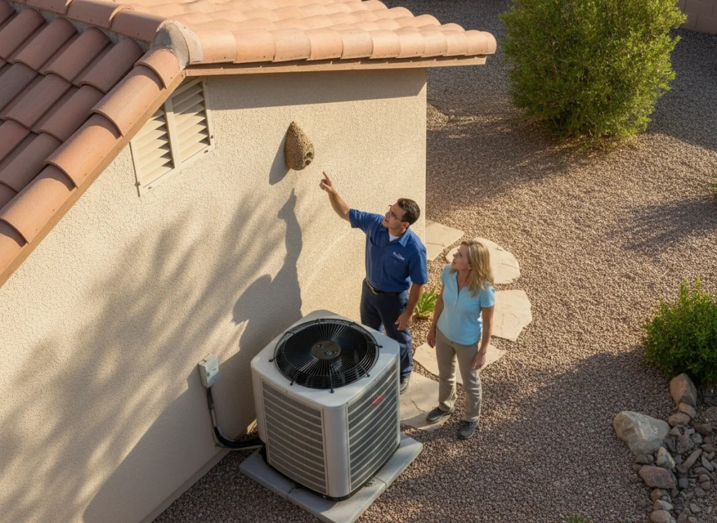 An HVAC technician showing a homeowner of business on the side of the house