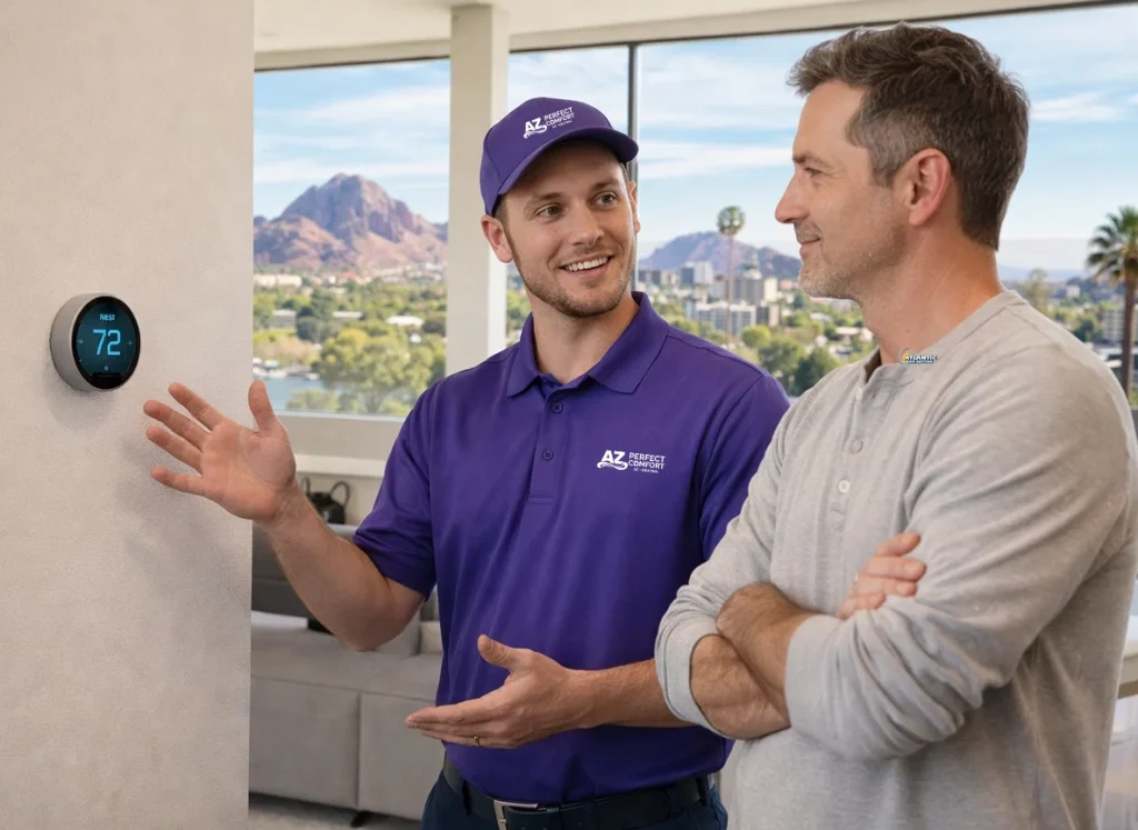 HVAC technician discussing a smart thermostat with the home owner