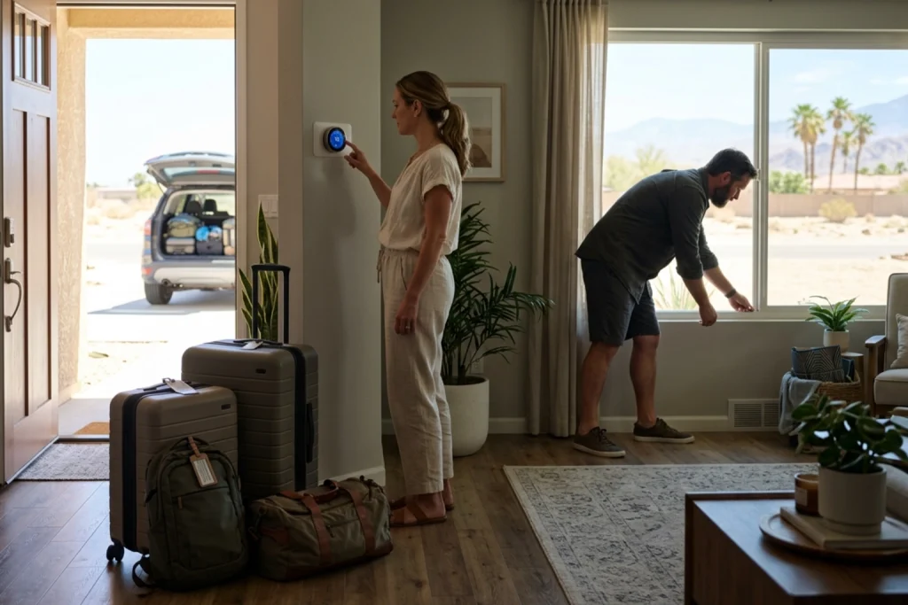 Couple preparing smart home cooling settings before summer trip