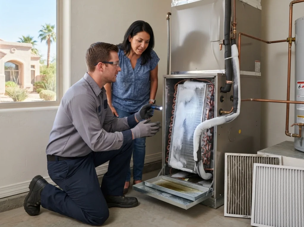 Arizona HVAC technician showing homeowner a frozen evaporator coil
